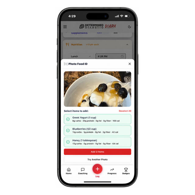 Food photo logging in the DD-Diary app.